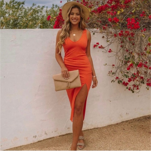 NWOT ORANGE Vici ribbed midi dress with slit - Picture 2 of 7